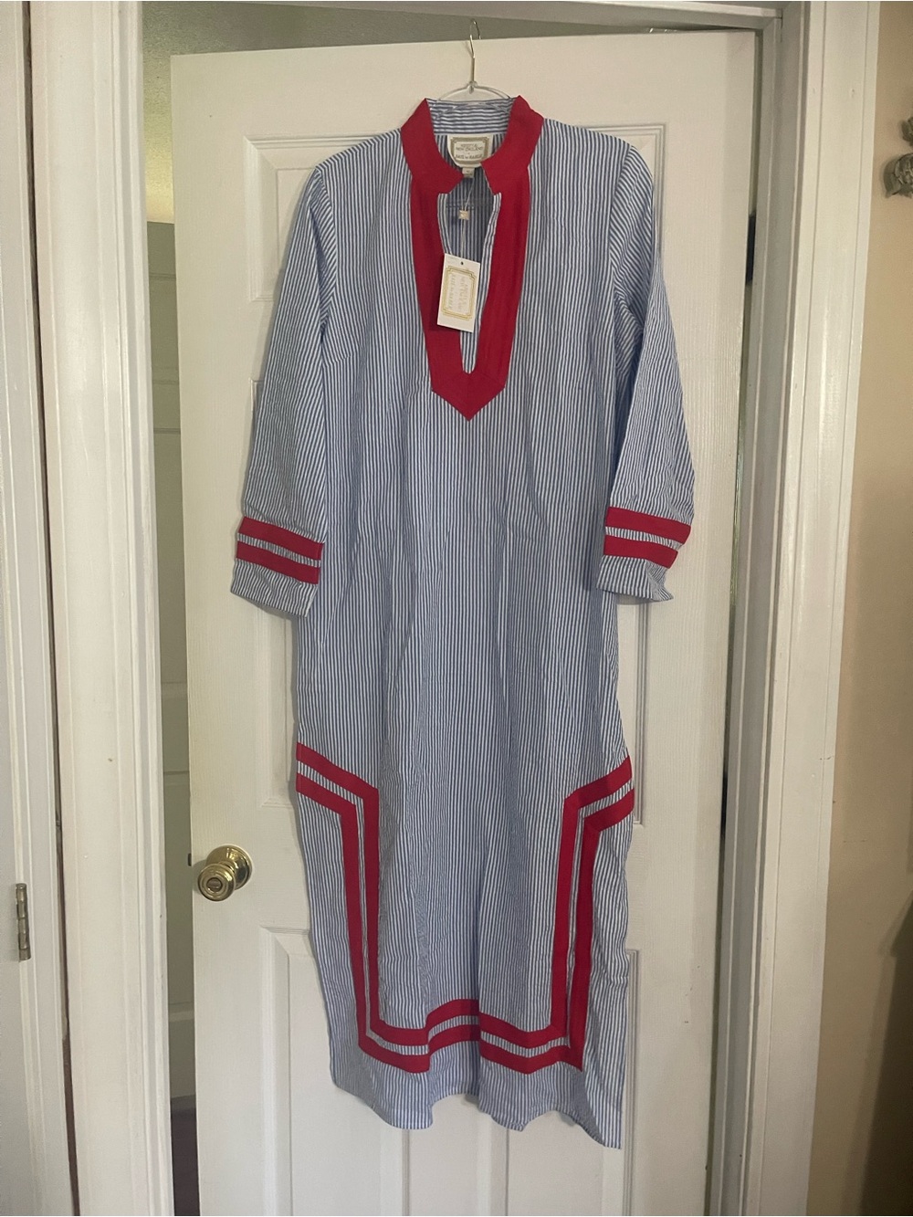 NWT Sail to Sable Striped Blue and White Maxi with Red Trim Seersucker - Picture 5 of 5